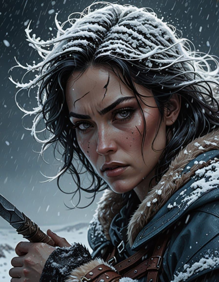 Warrior Woman in Snowy Desert Landscape