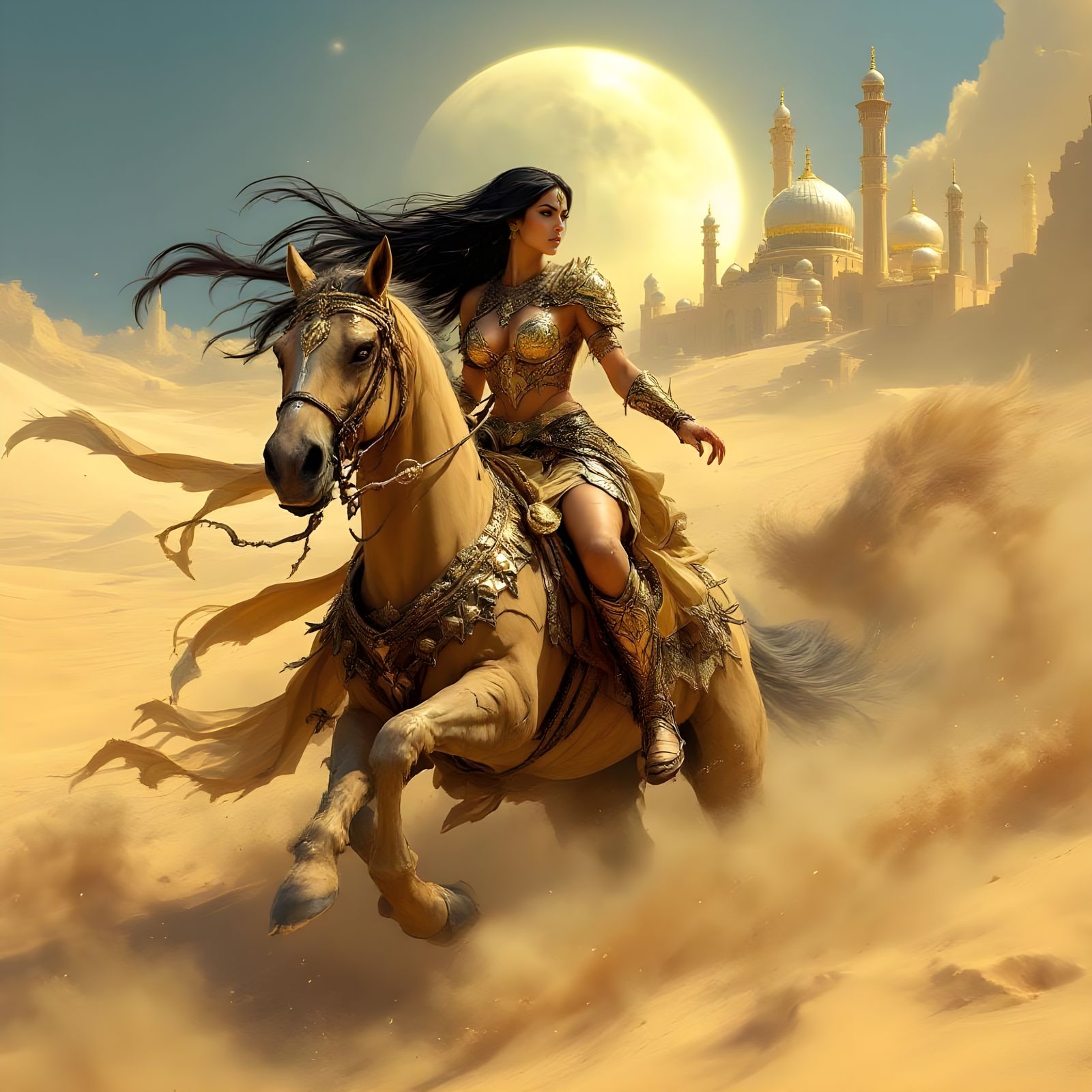 Arabian Warrior on Sand Steed, Art Nouveau Style
