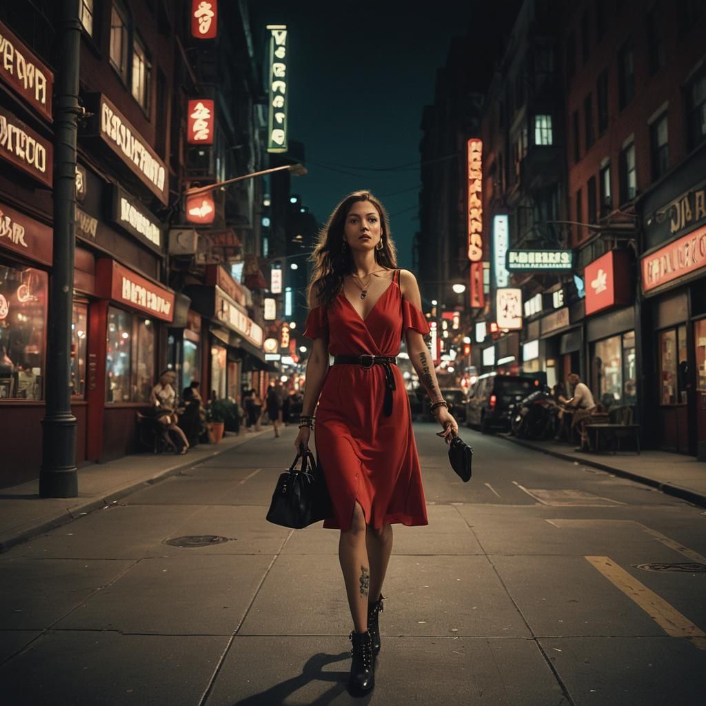 Woman in Red Dress in Night City: Hyperrealistic Film Still