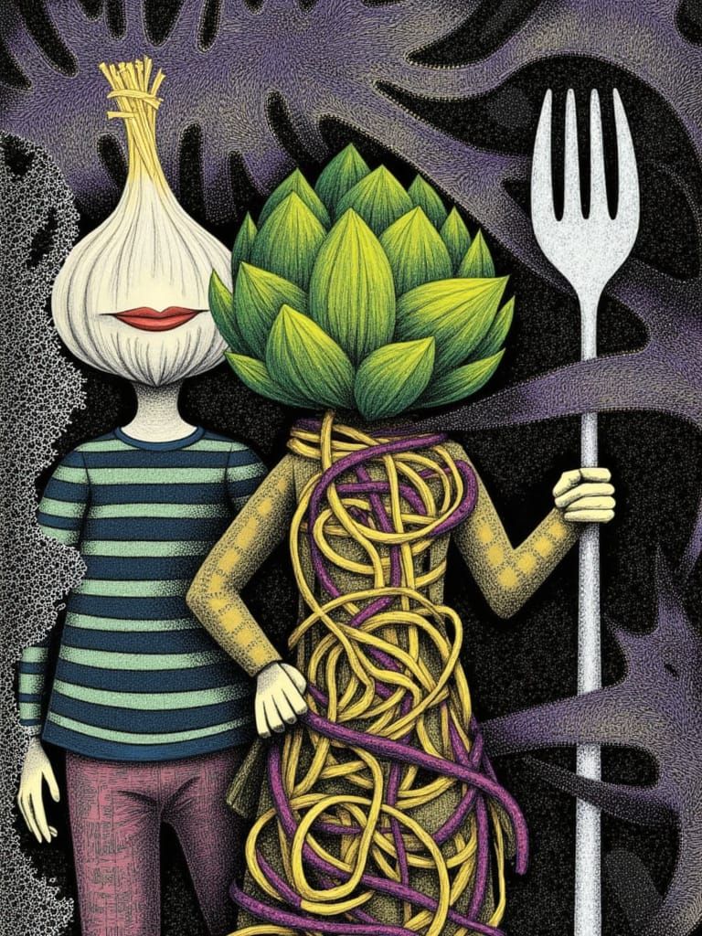 Whimsical Garlic & Artichoke Characters in Spaghetti Chaos
