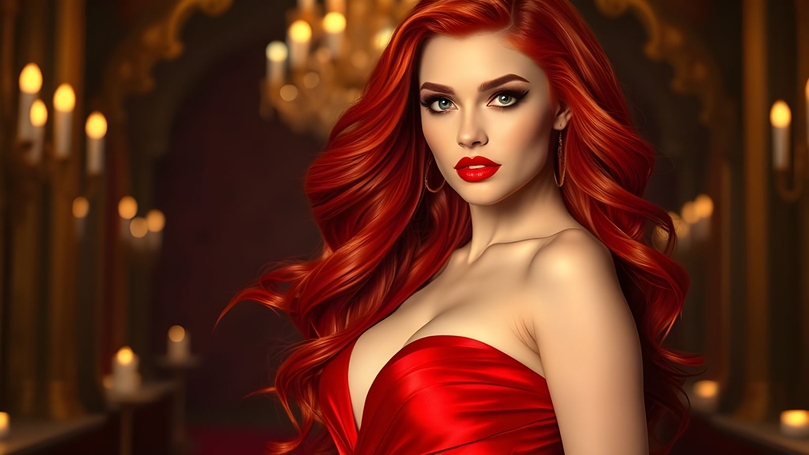 Glamorous Red-Haired Goddess on a Luxurious Red Carpet
