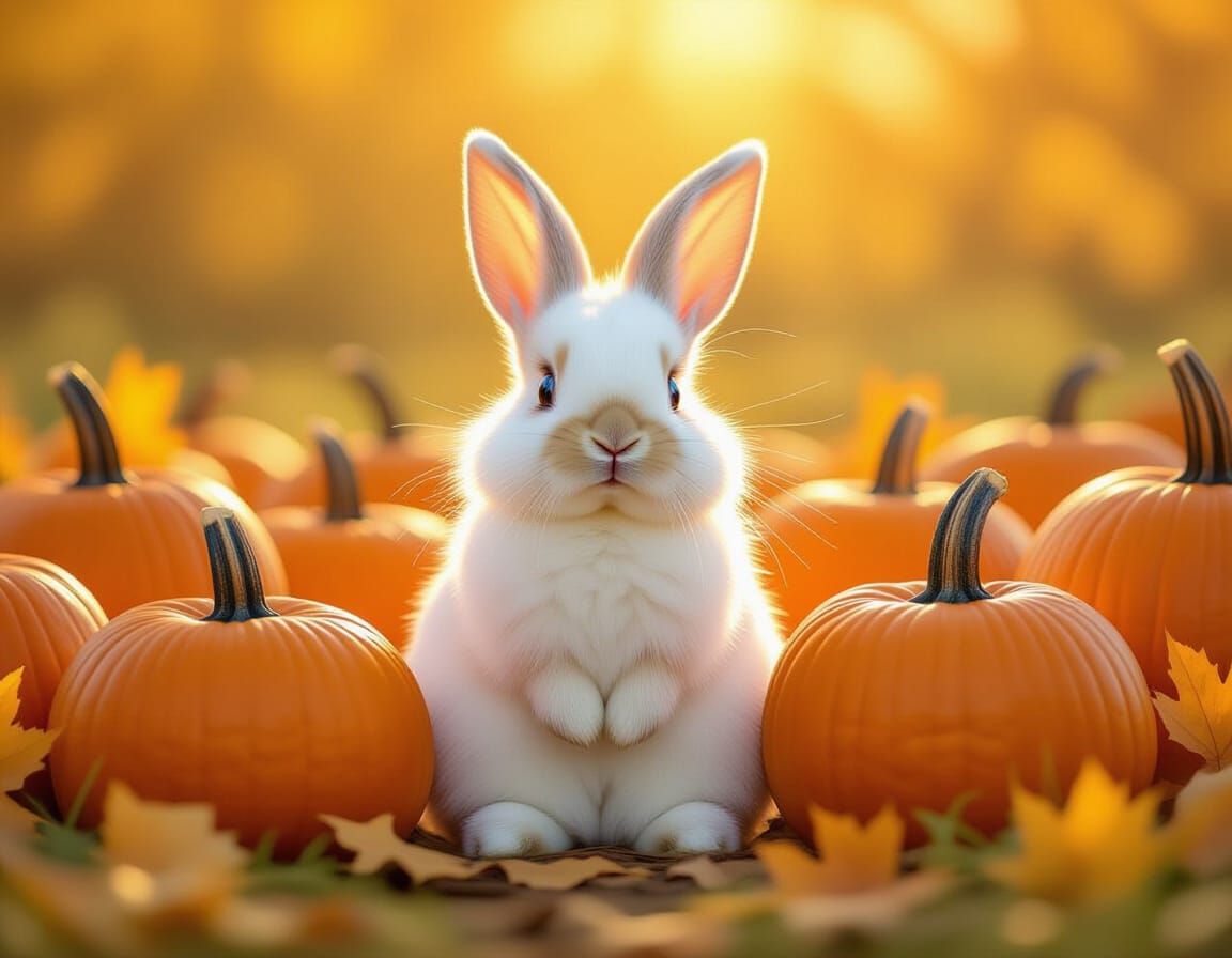 Fluffy White Rabbit in Autumn Pumpkin Patch