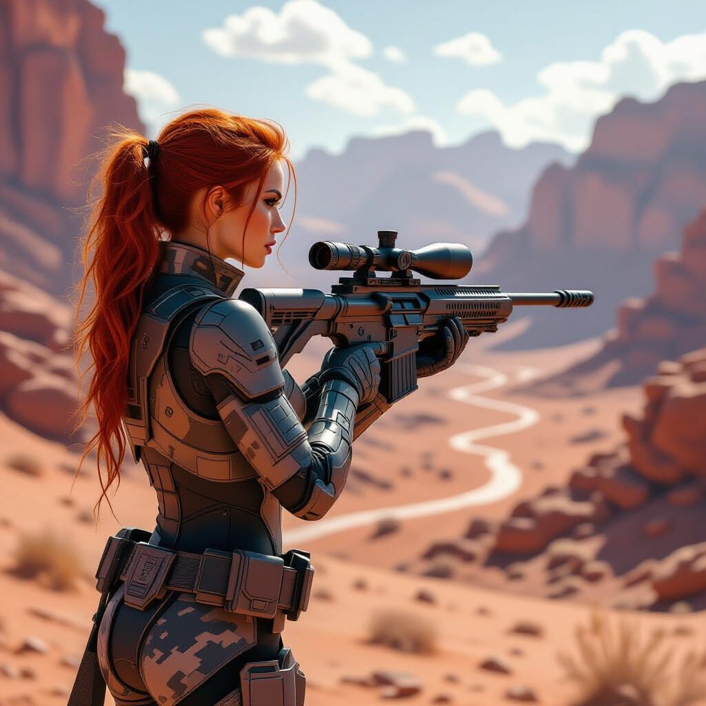 Futuristic Redhead in Desert Combat Armor
