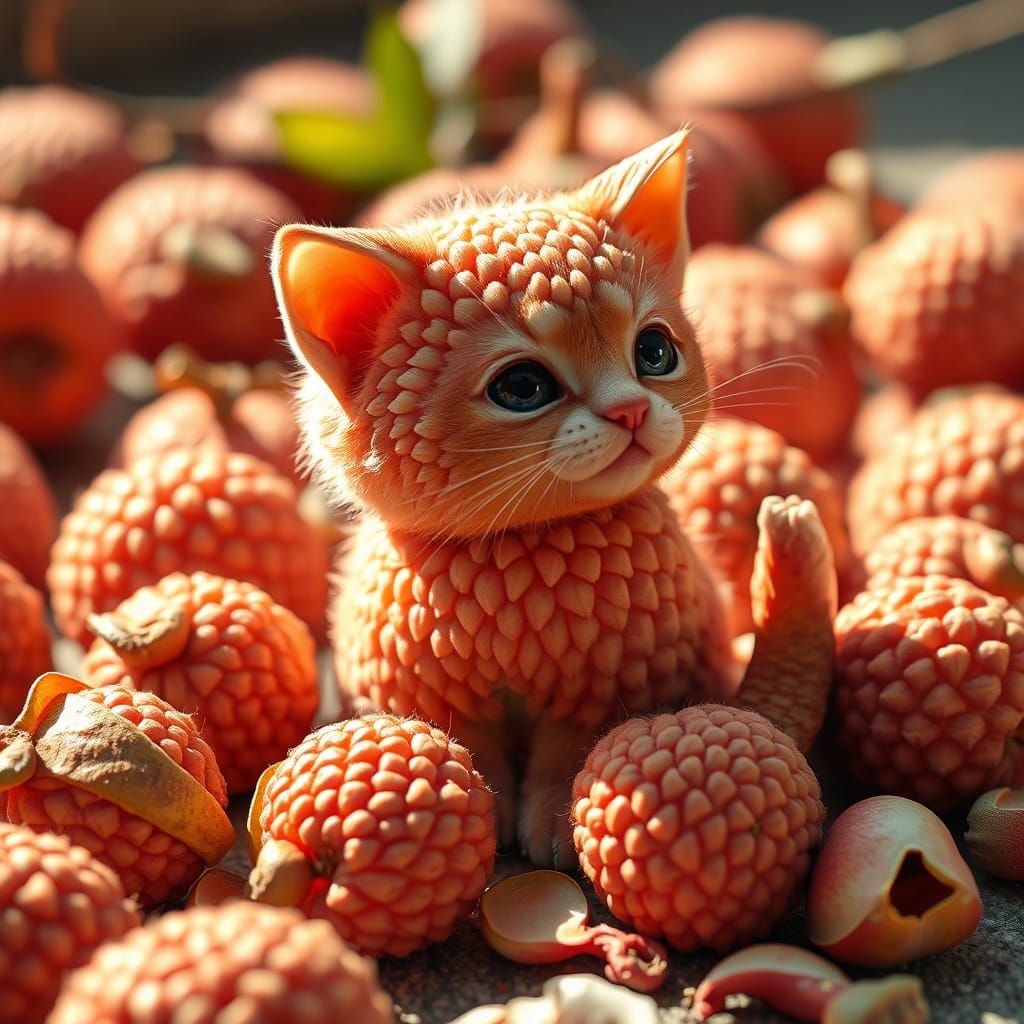 Whimsical Lychee Kitten in Dreamlike Landscape