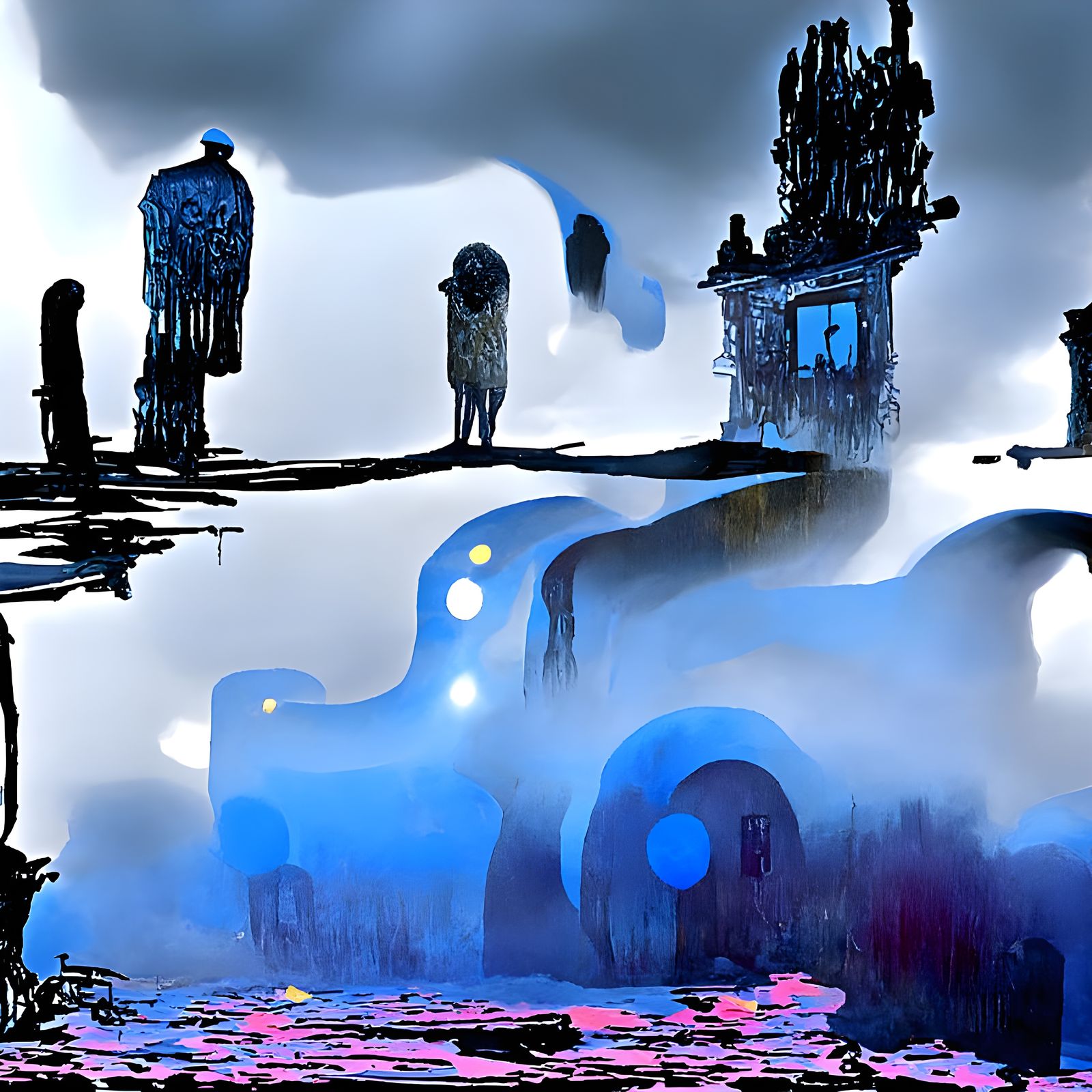 Ethereal Ghost Pacing in Blue Night Landscape