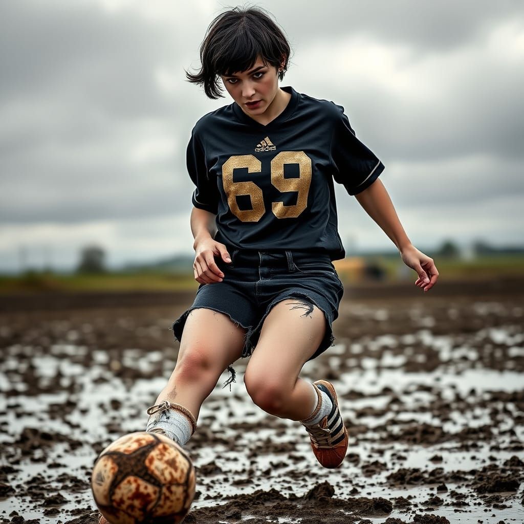 Gritty Soccer Player Kicks Muddy Ball