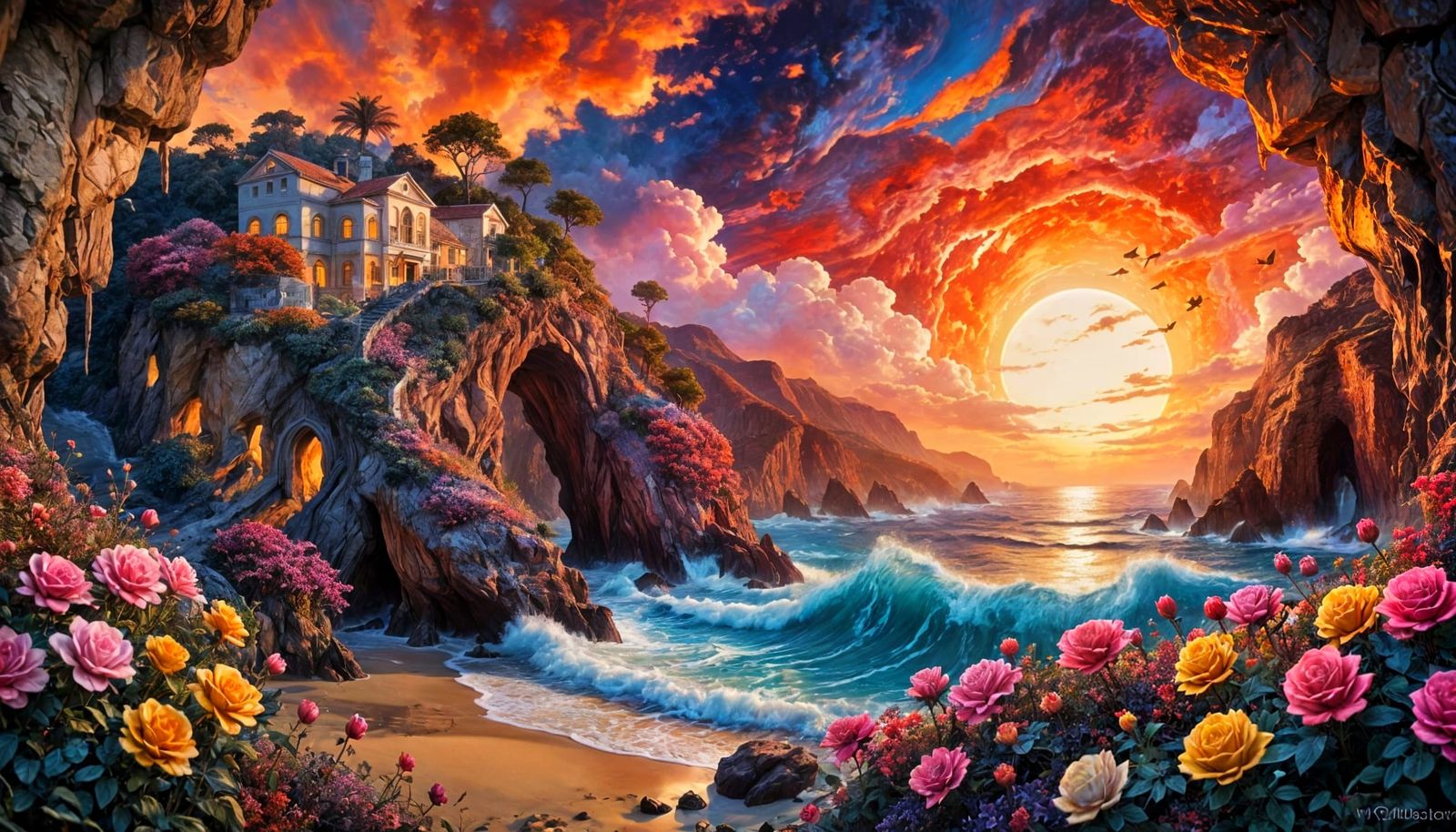 Fantastical Coastal Hacienda in Vibrant, Dreamlike Colors