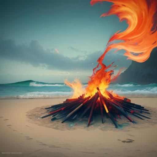 Hyperrealistic Bonfire on Beach in Splash Art Style
