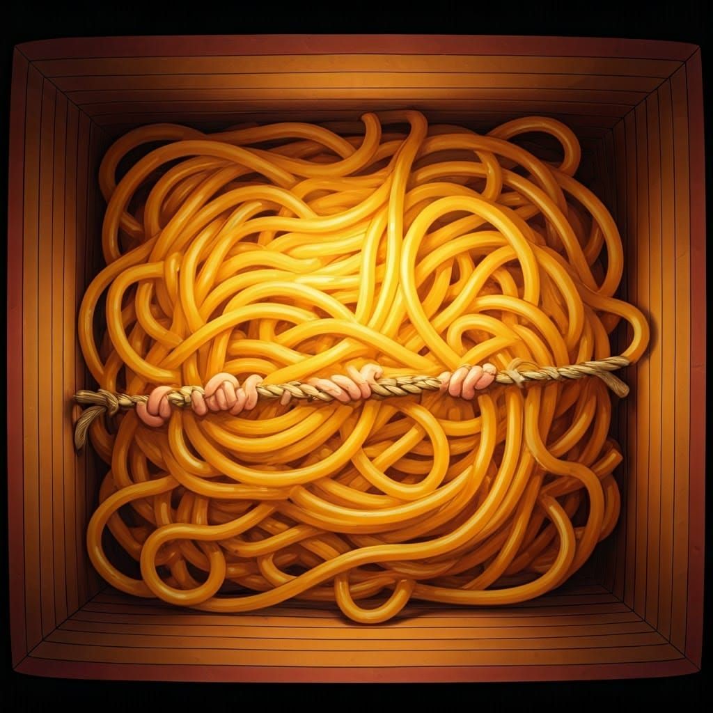Noodle Tug-of-War in Pasta Box Illustration