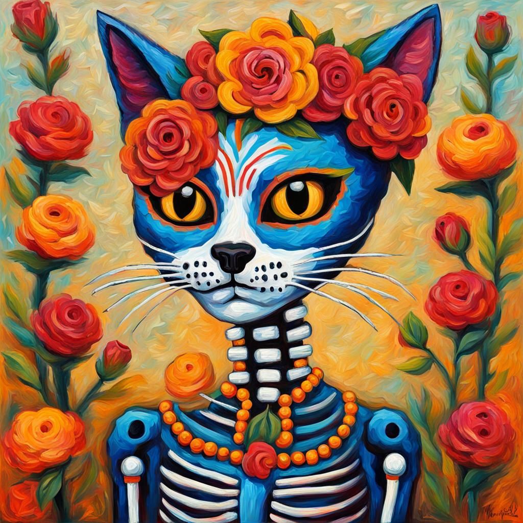 Day of the Dead Skeleton Cat in Oil Paint