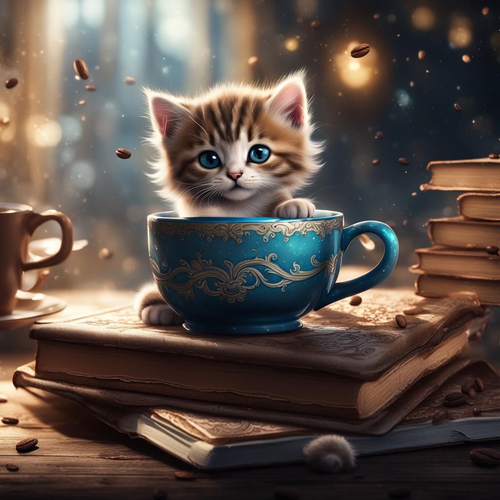 Kitten in Coffee Cup Fantasy Art