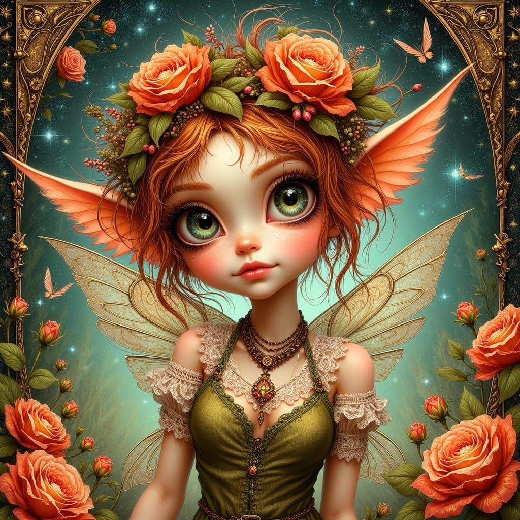 Whimsical Punk Pixie with Celestial Art Nouveau Background