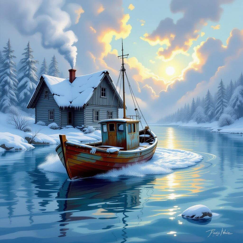 Whirlpool Sweeps Cabin and Boat in Colorful Fantasy Art
