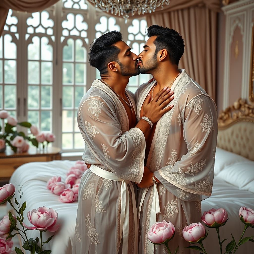 Romantic Embrace in Opulent Bedroom, Indian Art Style