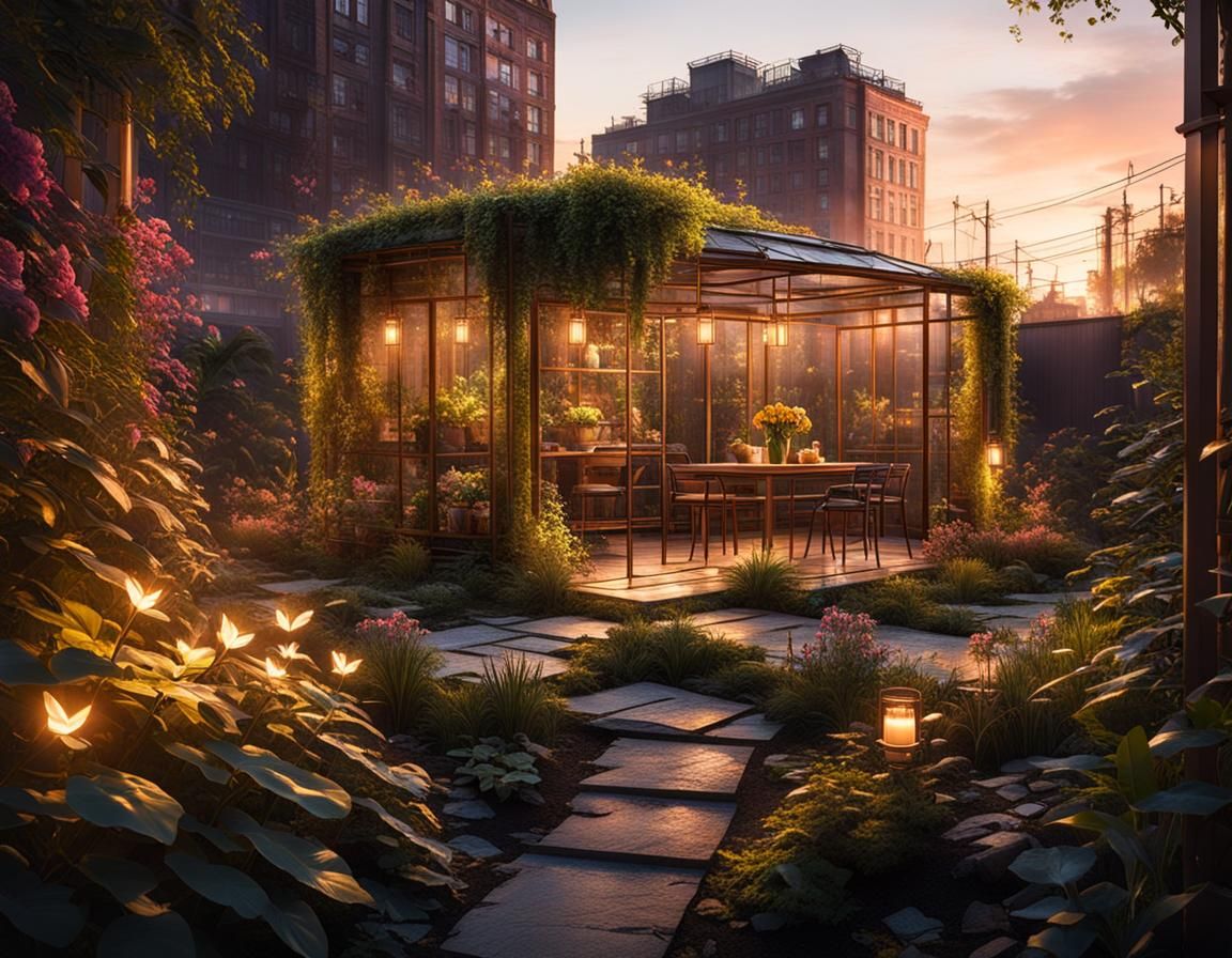 Urban Oasis: Garden in Dystopian Cityscape