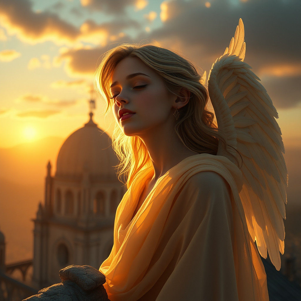 Angel Sings Atop Ruined Cathedral in Photorealistic Style