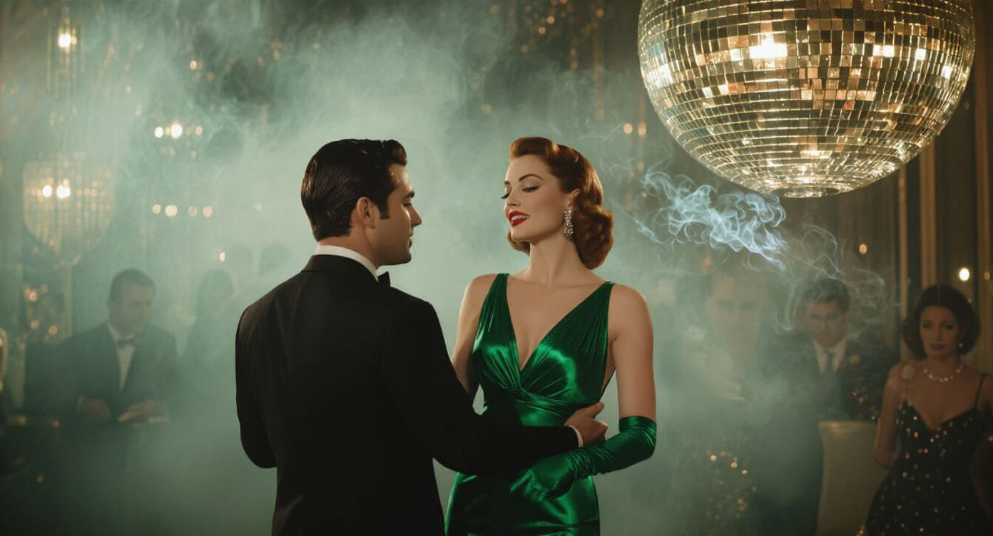 Glamorous 1950s Woman Dancing in Emerald Green Gown