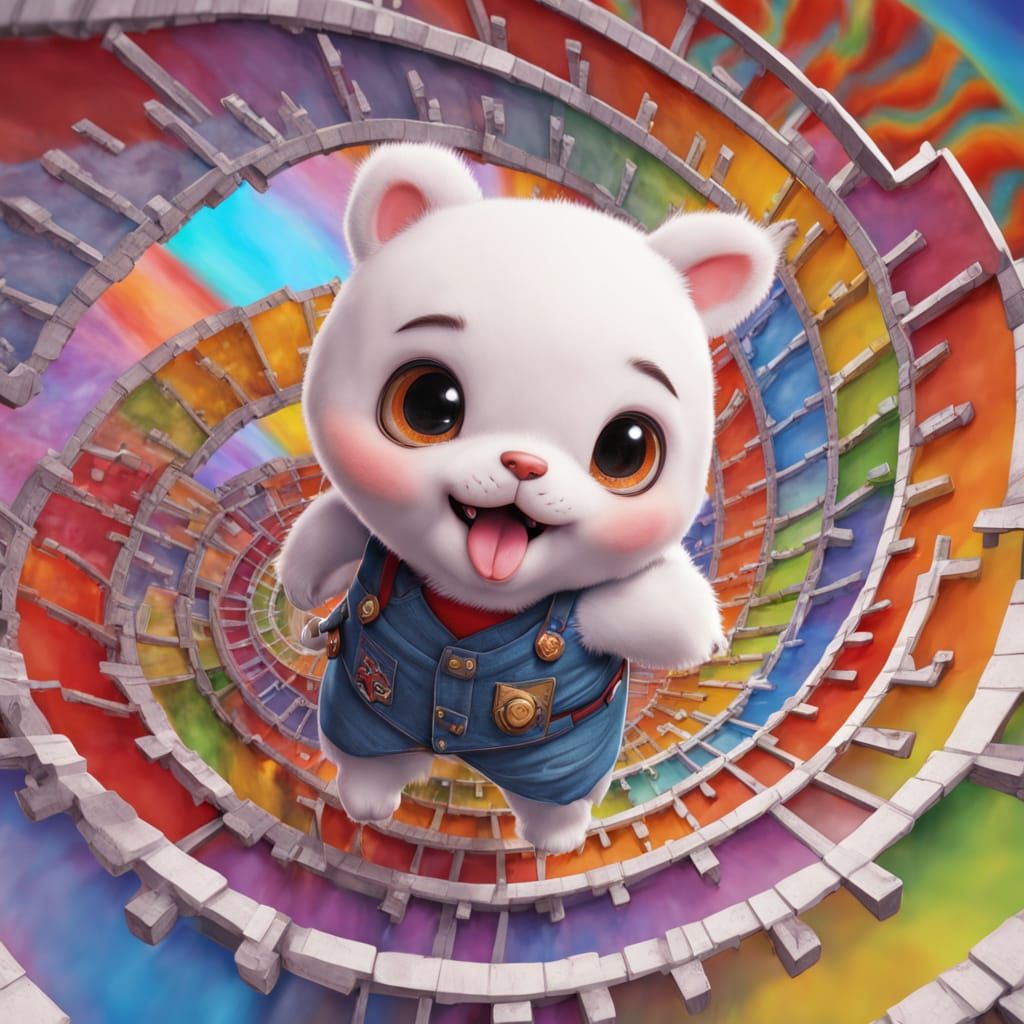 Chibi on Rainbow Grid Staircase: Hyperrealistic Art