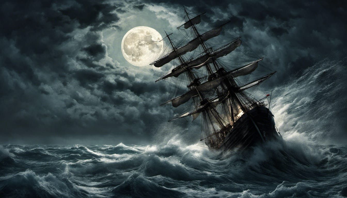 Ship Tossed on a Raging Sea Under Moonlight
