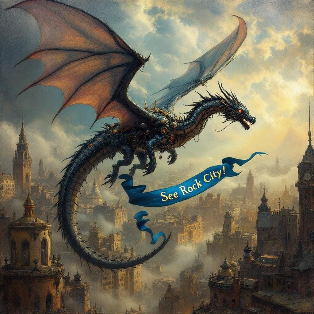 Steampunk Dragon Soaring Over Retro City