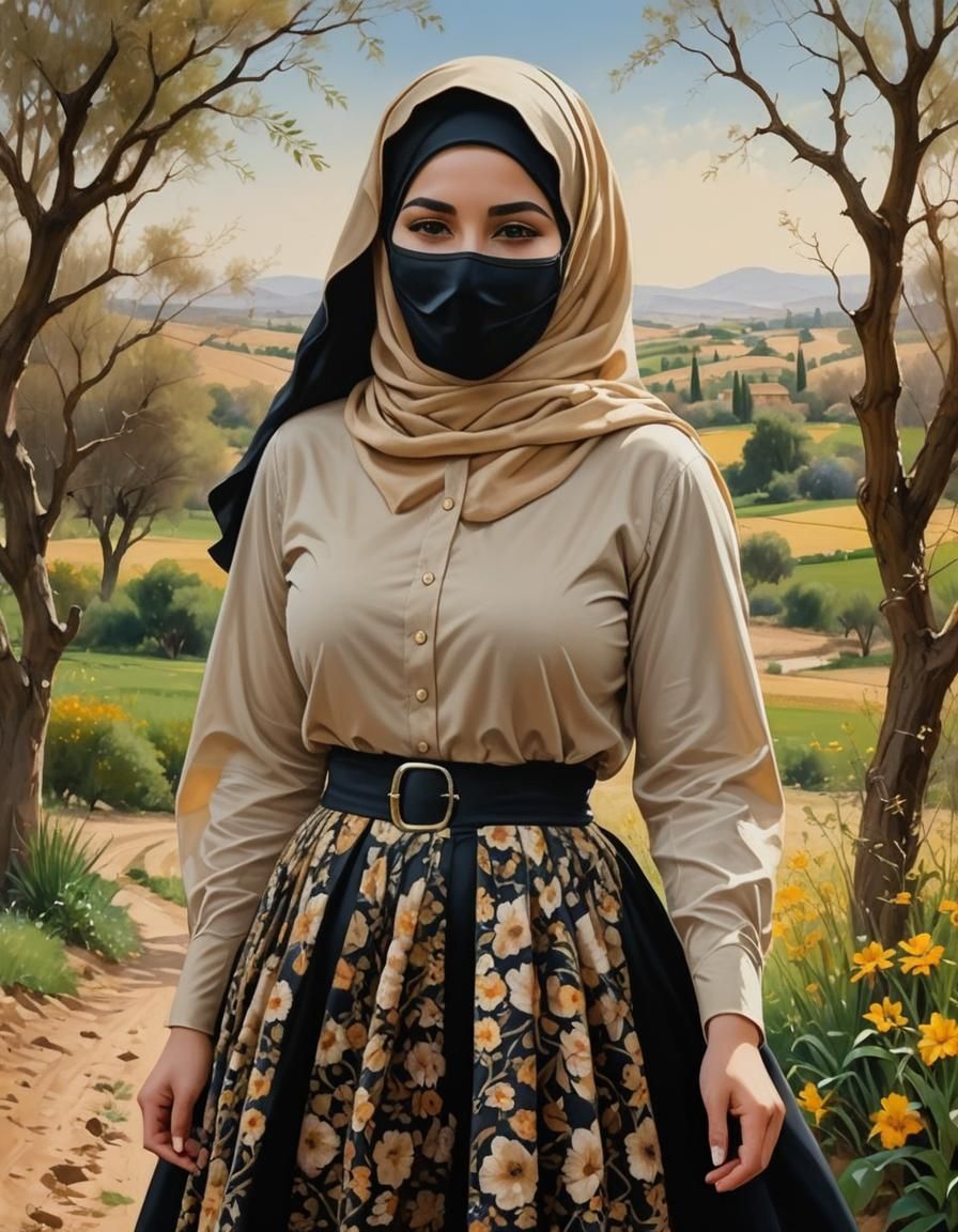 Woman in Hijab in Spring Landscape Painting