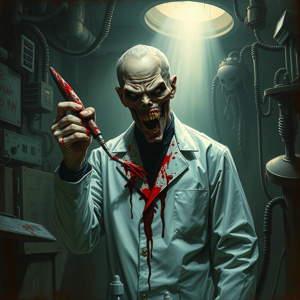 Menacing Dentist with Bloody Drill in Biomechanical Style