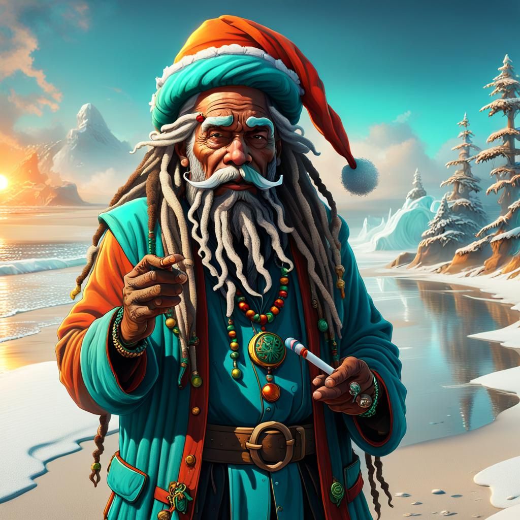 Rastafarian Santa Claus on Winter Beach, Digital Art