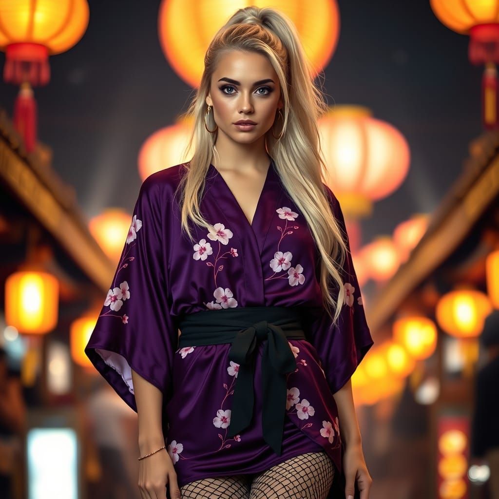 Stunning Woman in Kimono at Night Festival