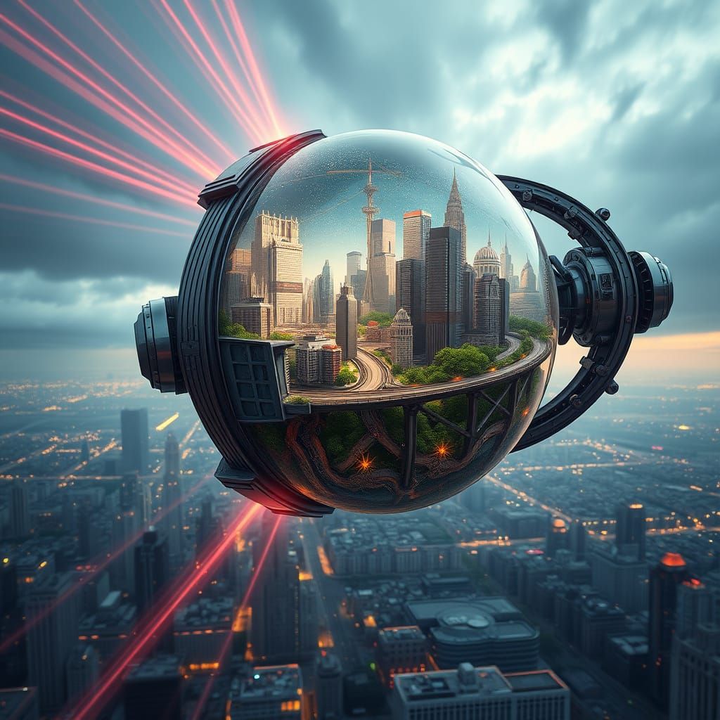 A flying orb with a metropolis inside