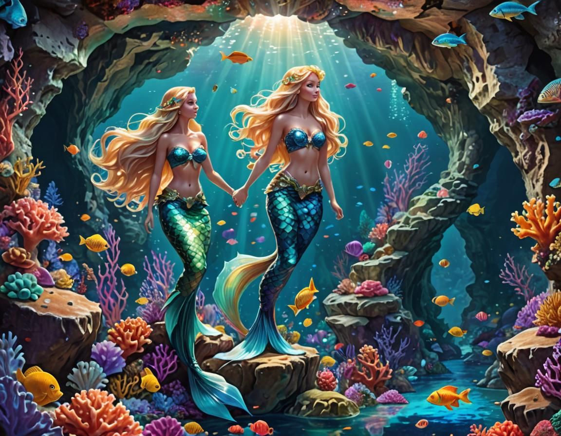 Underwater Siren in Coral Cave: Hyperrealistic Concept Art