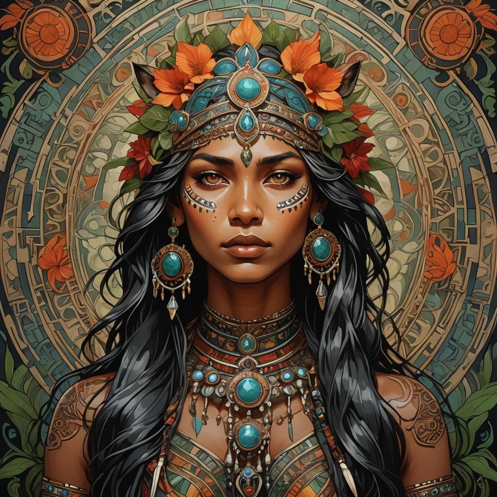 Amazonian Woman Portrait in Art Nouveau Style