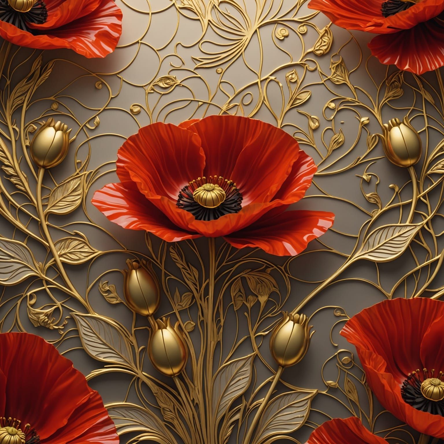 Minimalist Abstract Red Poppy in Gold Ink