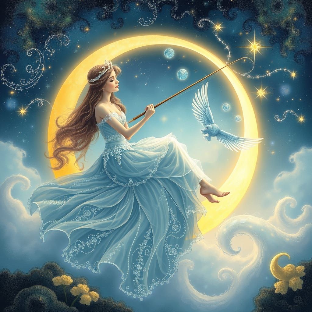 Whimsical Woman Enchants Ethereal Fantasy Landscape