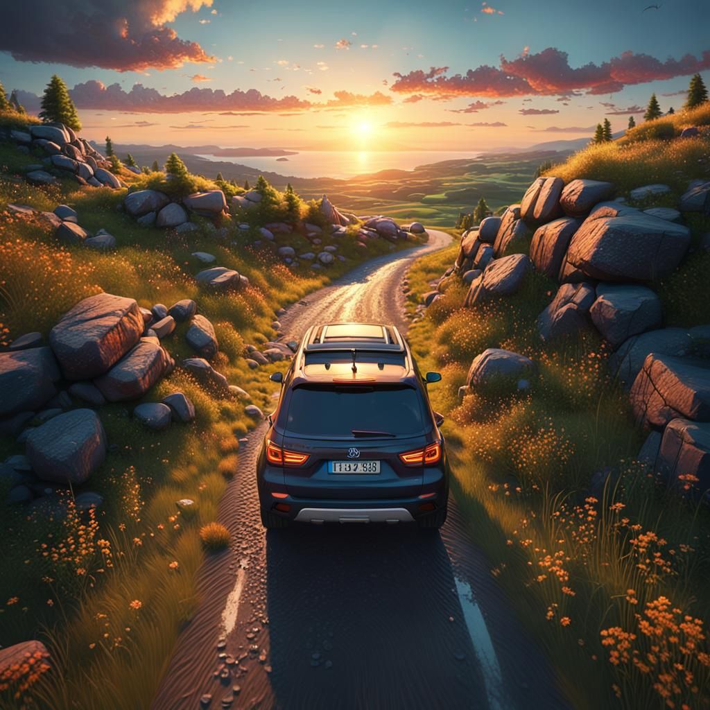 Scandinavian Off-Road Car at Sunset, Detailed Matte Painting