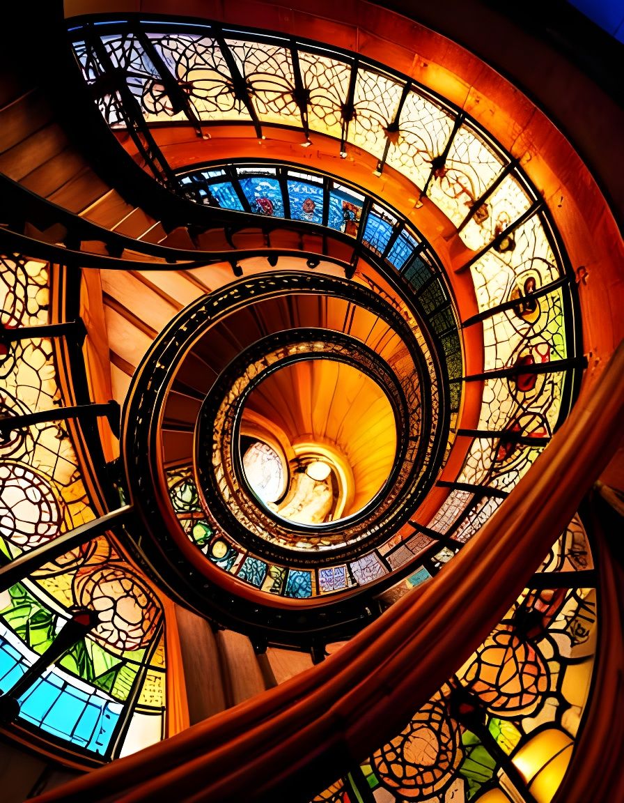 Art Nouveau Stained Glass Spiral Staircase
