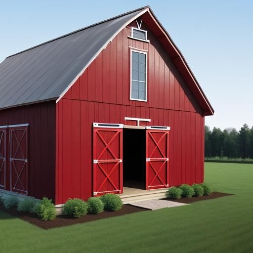 Red gothic roof barn "1928 Modern Barn #2061" honor built wi...