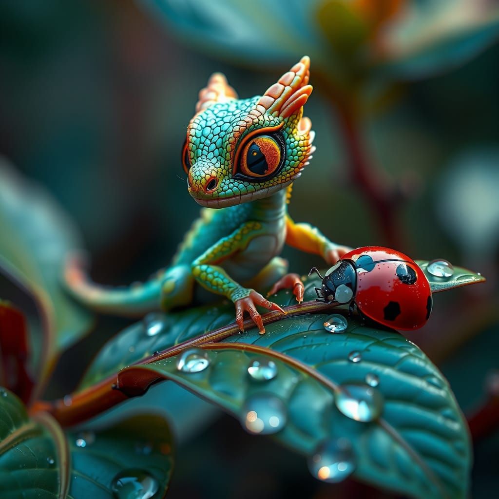 Iridescent Dragon Hatchling with Ladybug, Hyperrealistic Art