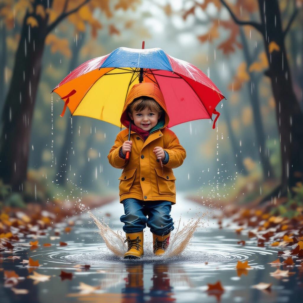 Joyful Boy Jumps in Puddle with Umbrella