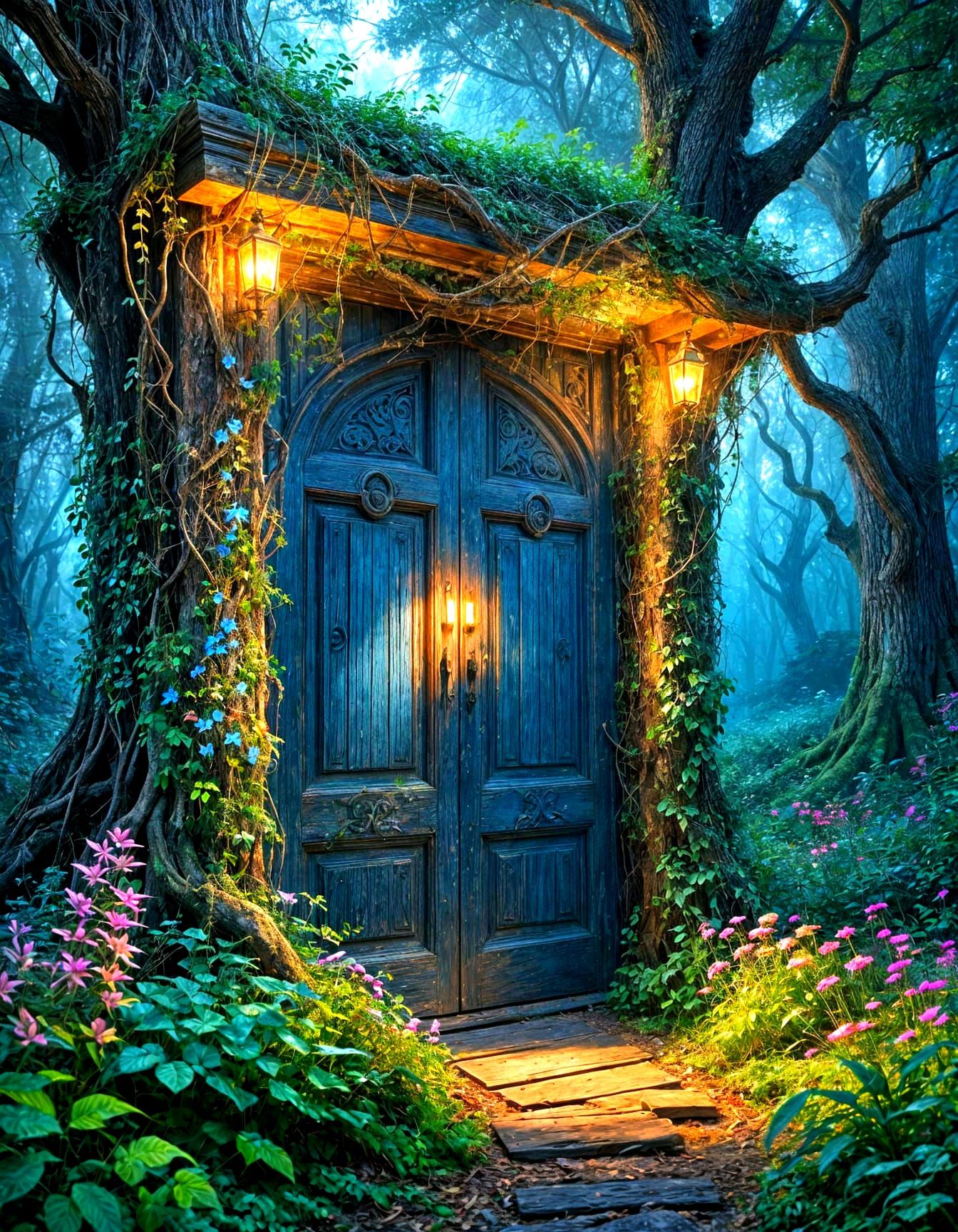 A mysterious door stands alone among the tall old trees.