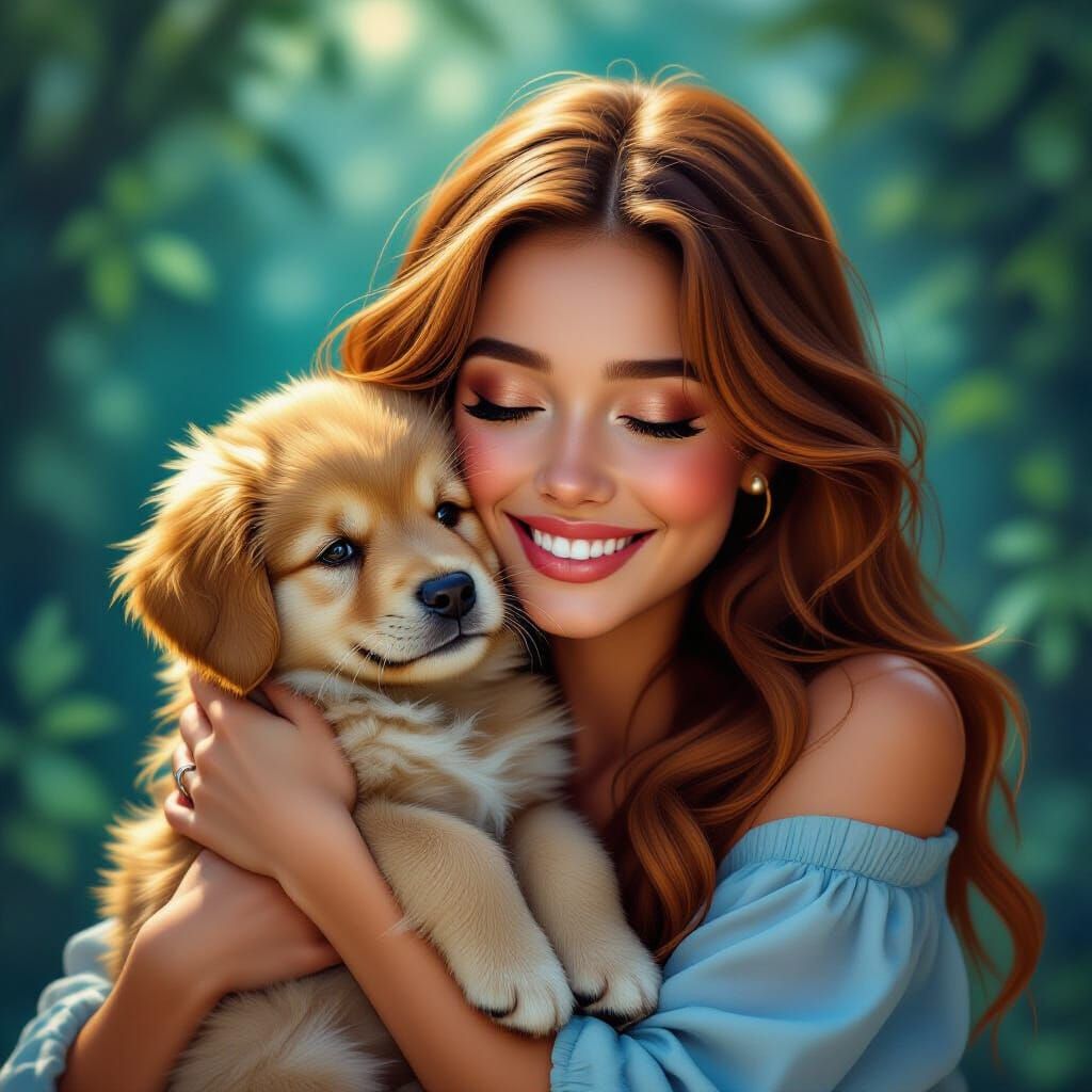 a beautiful woman with a cute puppy hugging up to her face