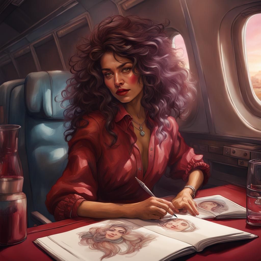 Hispanic Woman Sketching on Plane: 1980s Fantasy Art