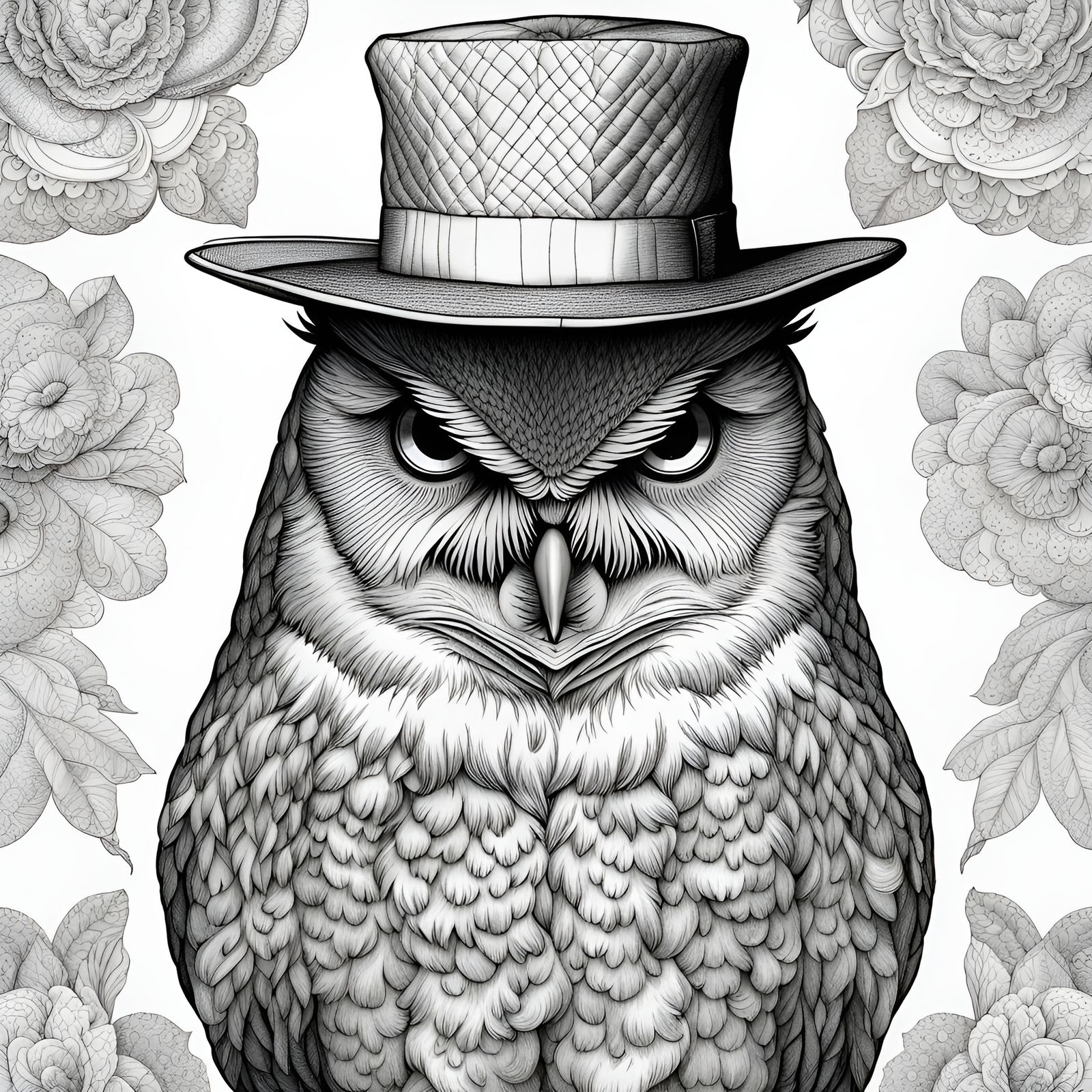 Quilted Owl in Hat: Detailed Line Art