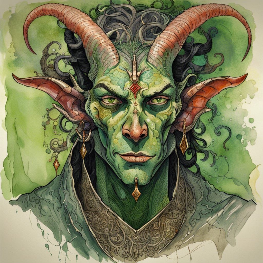 Ornate Tiefling Priest Portrait in Quentin Blake Style