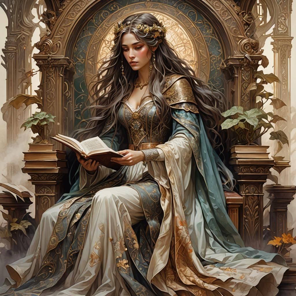 Ethereal Sorceress Reading on Book Throne in Art Nouveau Sty...