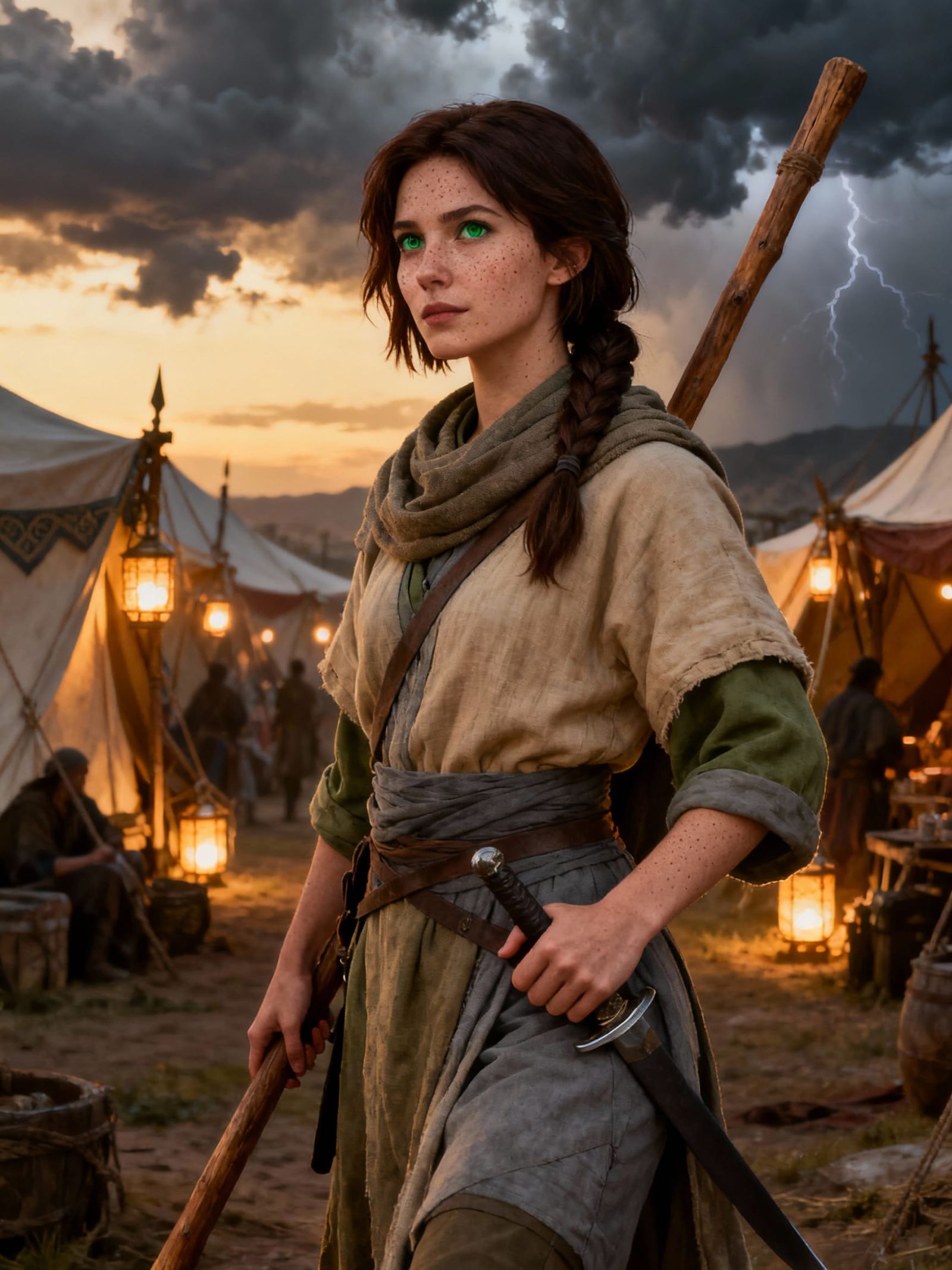 Determined Shinovar Woman in War Caravan at Dusk