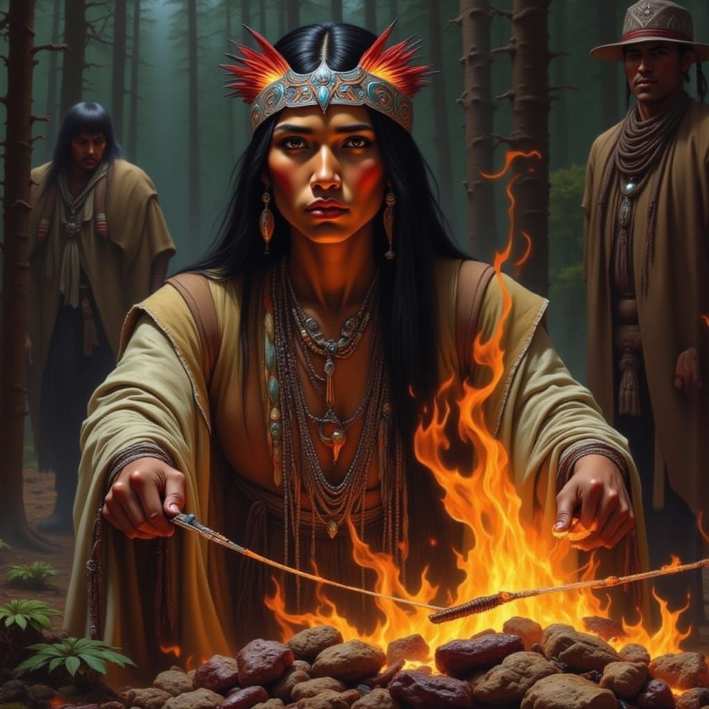 Native American Woman Cooking Meat Over Campfire
