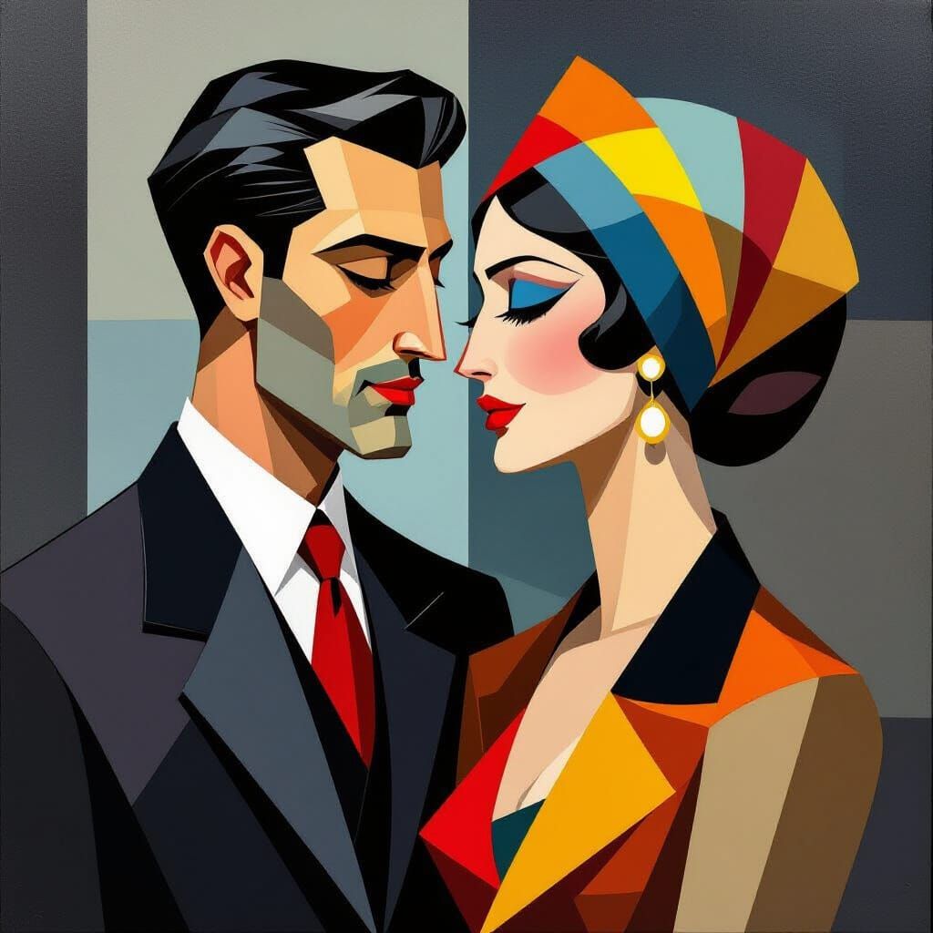 Cubist Portrait of Two Figures in Geometric Fauvism Style