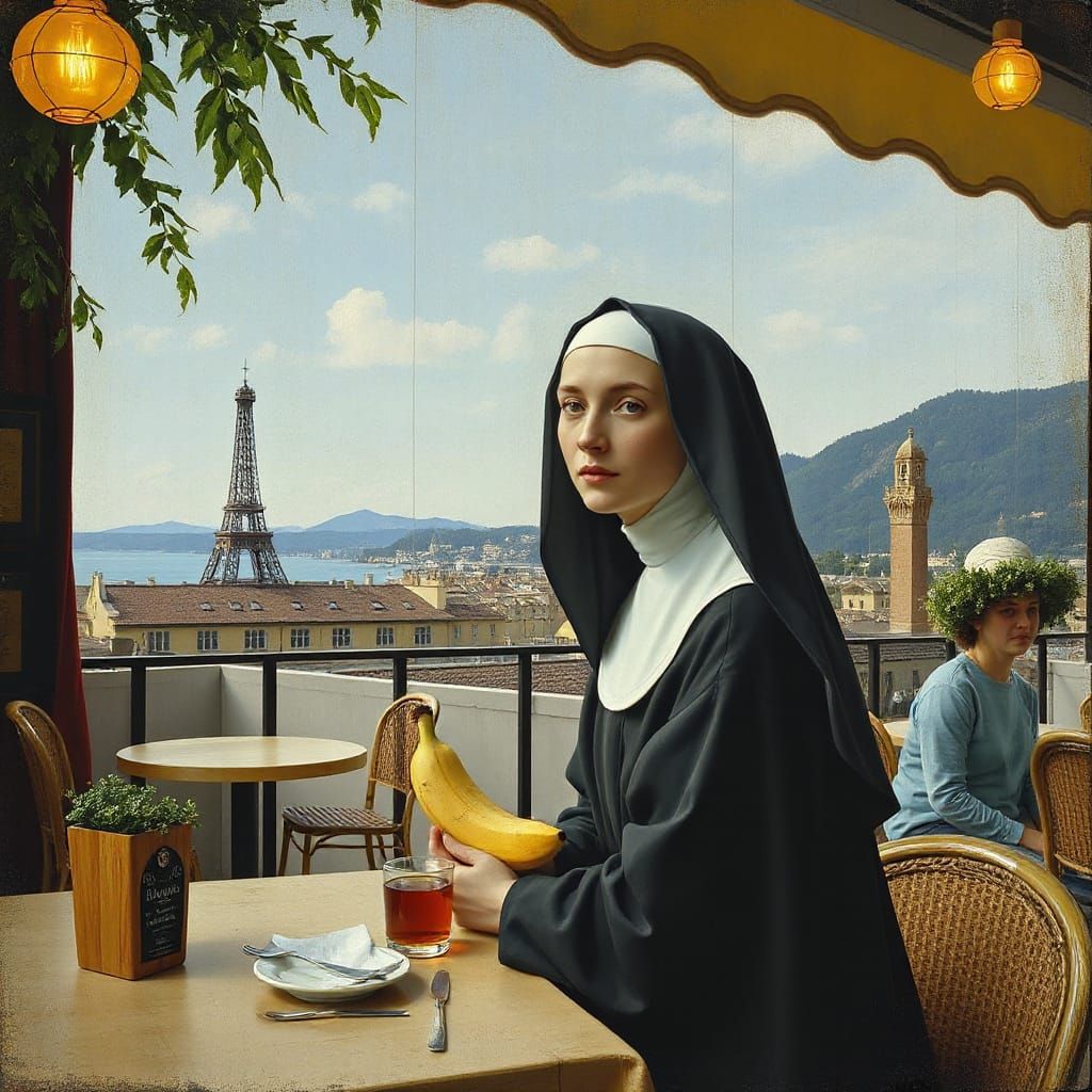 Banana Nun at Cafe Terrace: Van Gogh Style