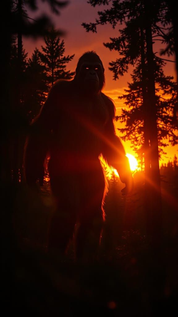 A massive, ancient bigfoot stands silhouetted in the trees against a fiery sunset, watching the viewer from within the t...