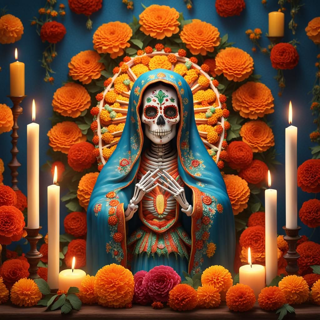 Sugar Skull Virgen de Guadalupe with Marigolds
